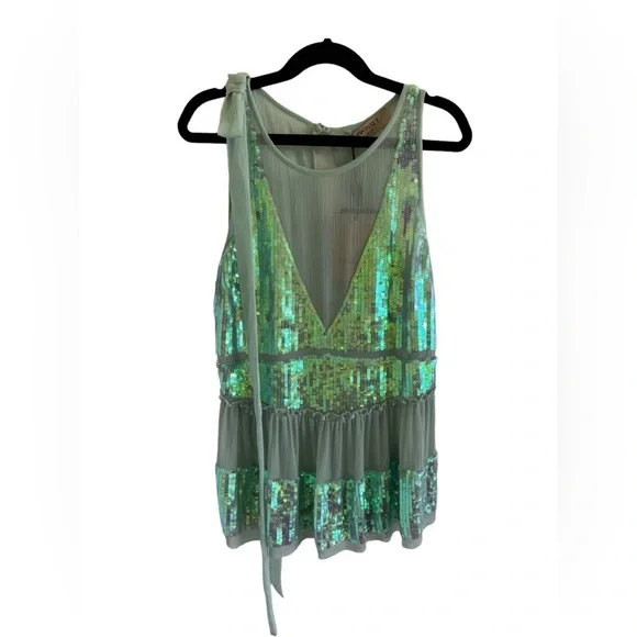 TWINSET Milano NWT Sequin Mesh Bow Tank Top Blouse Mint Green, Party, Sparkle S‍ - Picture 4 of 11